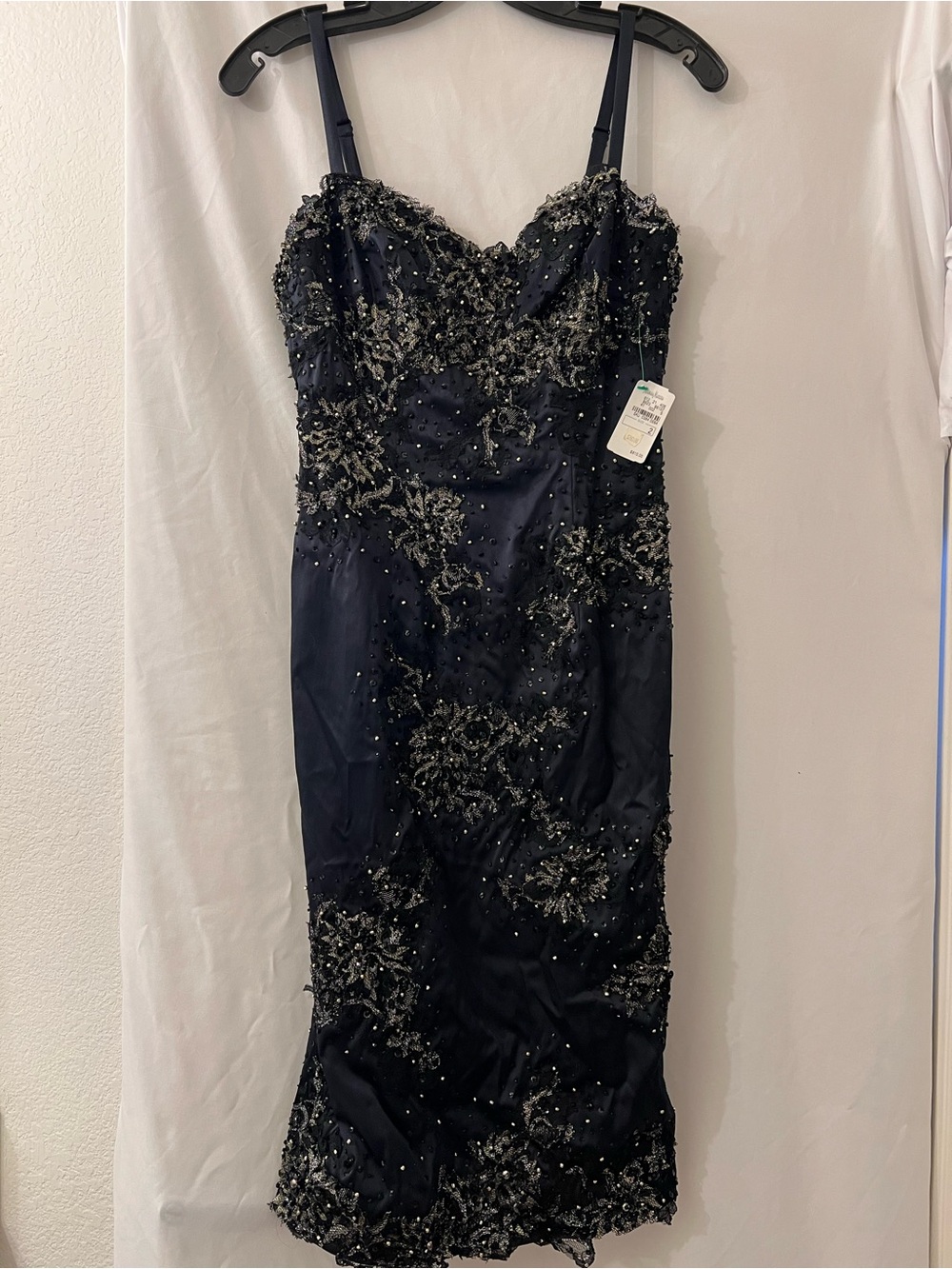 Neiman Marcus Navy Strapless Beaded Sheath Dress